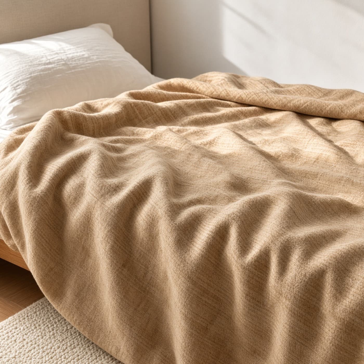 Amber Flannel Blanket spread across a bed corner