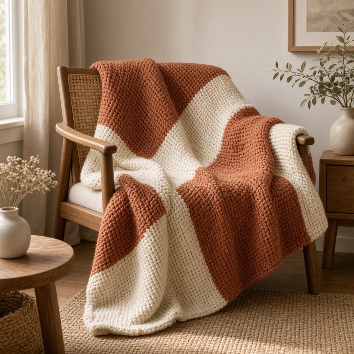 Hearth Knit Throw draped over a wooden armchair