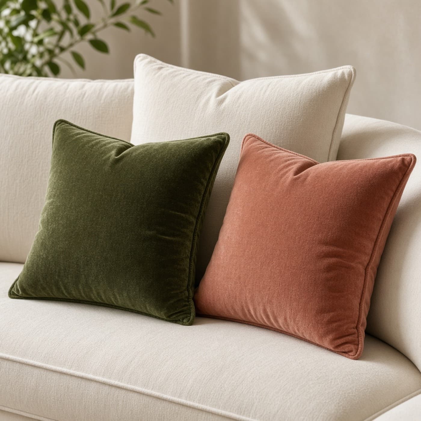 Olive and terracotta velvet cushion covers on a sofa