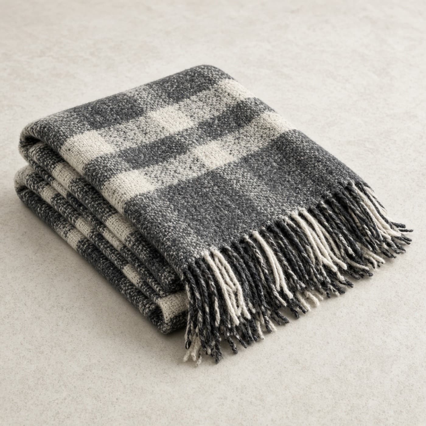 Charcoal Wool Throw folded with fringe detail