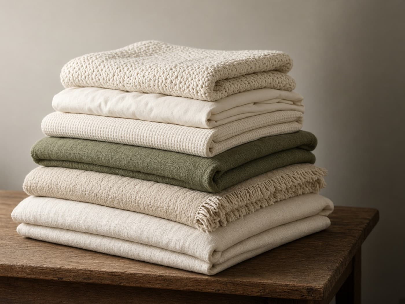 Folded linens and blankets in neutral tones