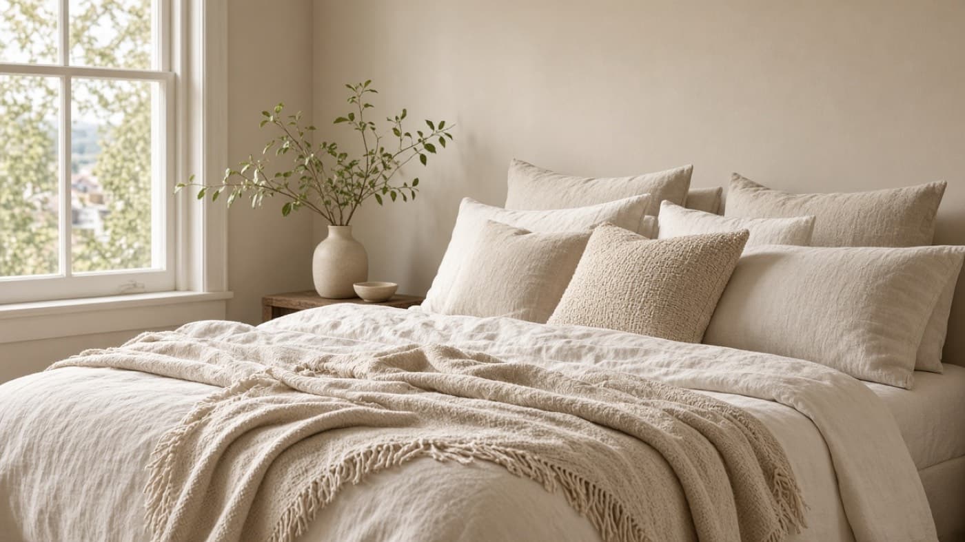 Editorial styled bedroom with soft daylight